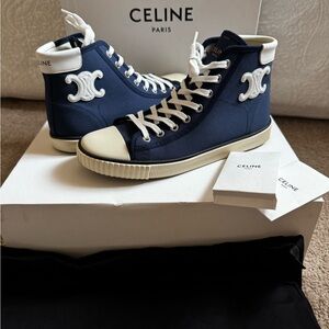 Celine Blue and White High-Top Sneakers